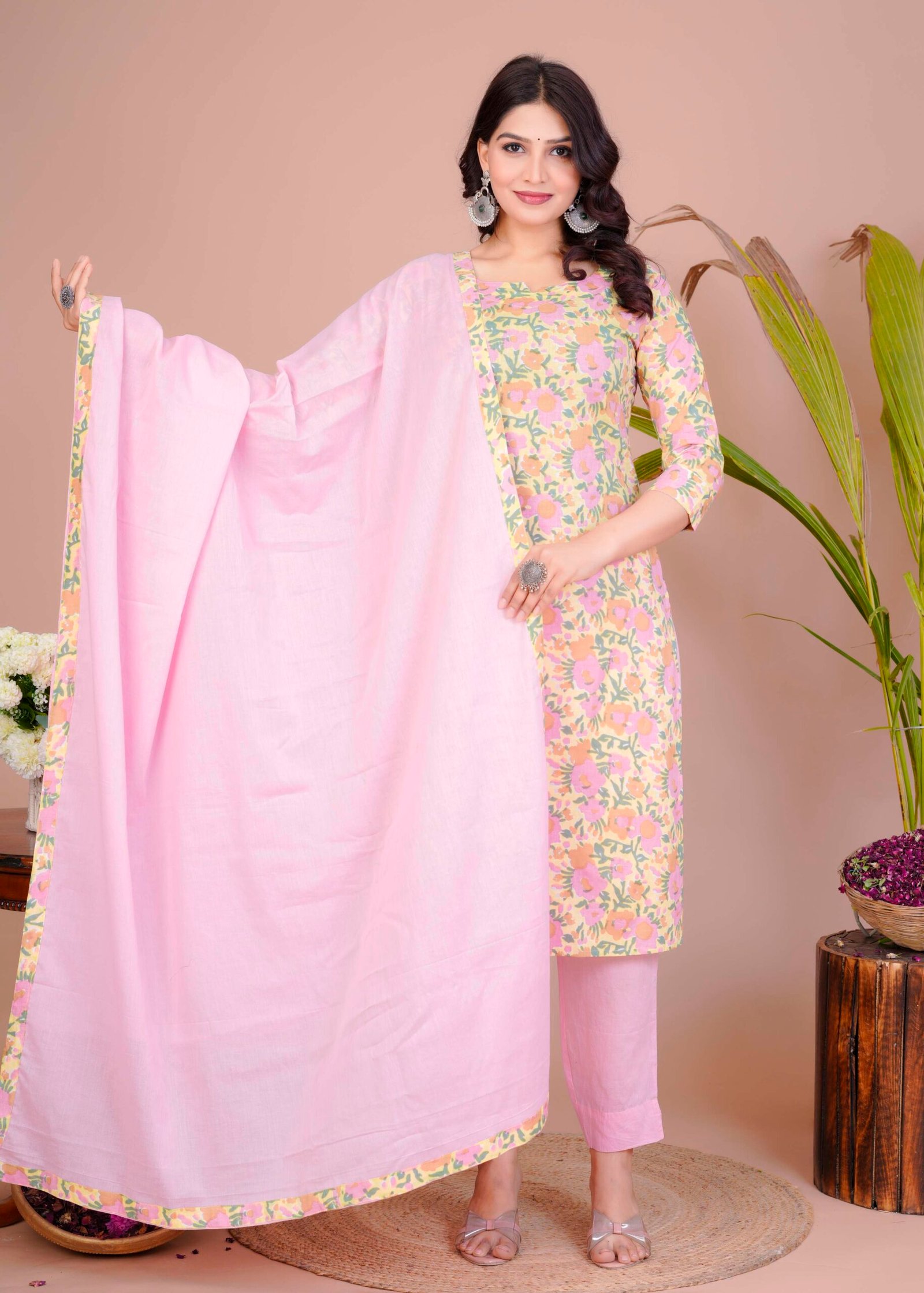 Women's Pink Cotton Printed Straight Kurti with Pant & Dupatta Set