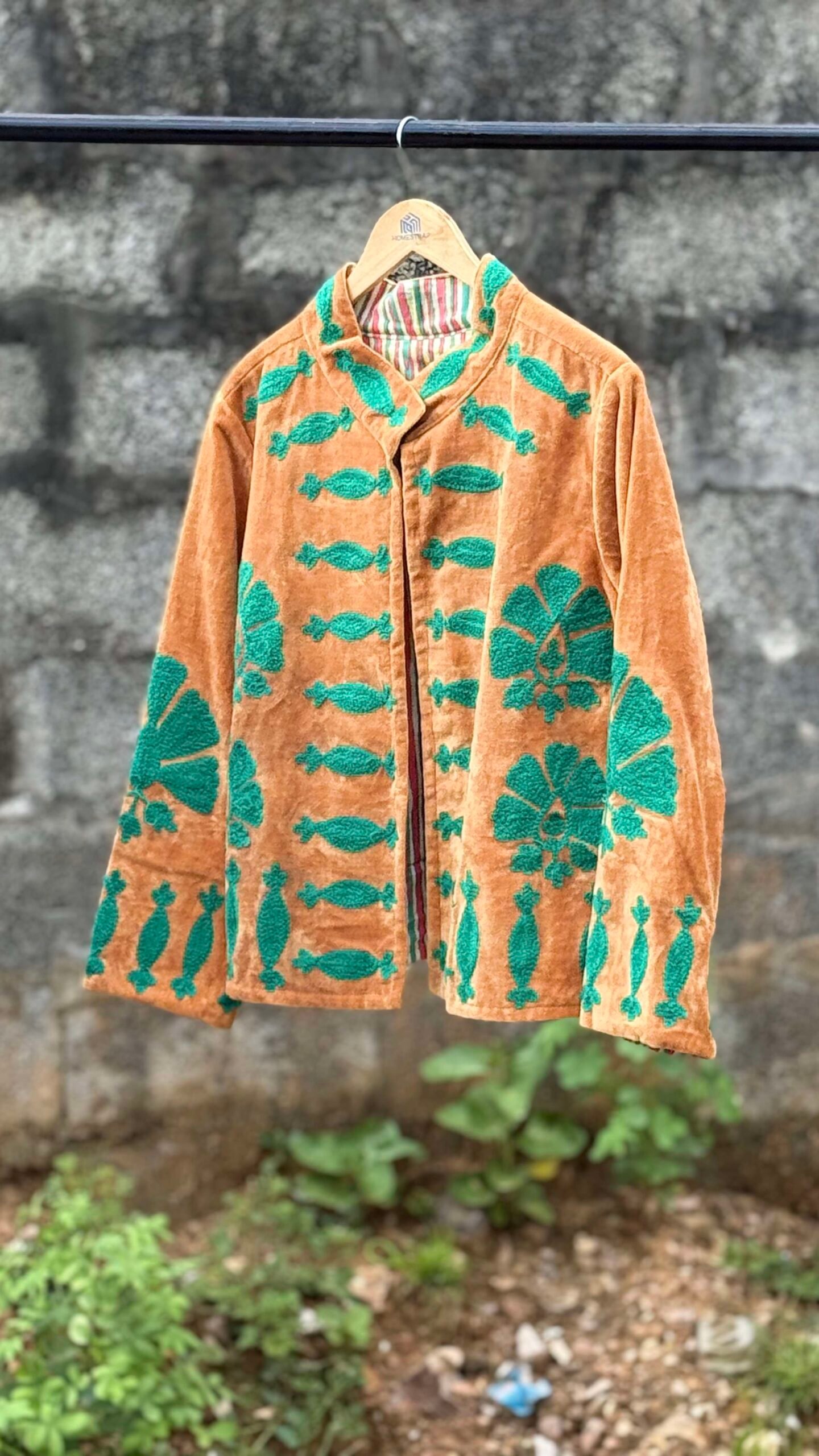 Womens Rust Velvet Embroidered Jacket with Floral Design - Image 3
