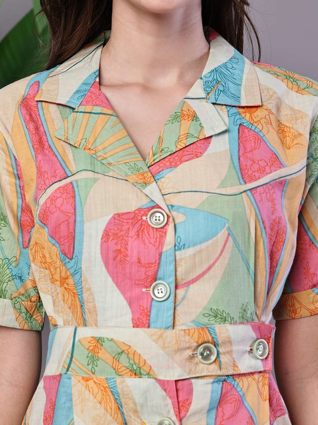 Women's Pastel Abstract Print Button-Down Cotton Midi Dress - Image 5